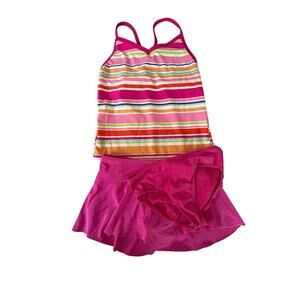 Lands End pink two piece pink stripe tankini bathing suit with skirt size 8